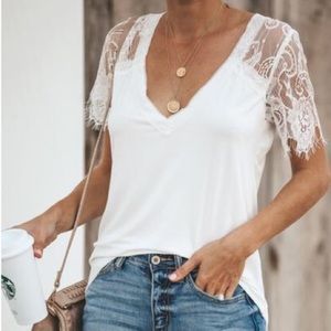 White v neck with lace sleeves